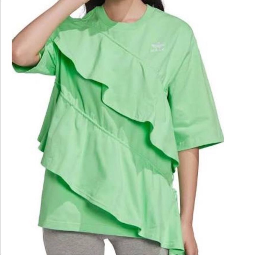 Adidas JKOO Tiered Ruffle Green Top Tshirt oversized fit size small athletic
